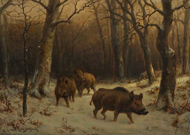 Wild Boars in Winter Forest Painting