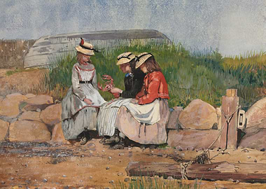 Three Girls with Lobster by the Sea