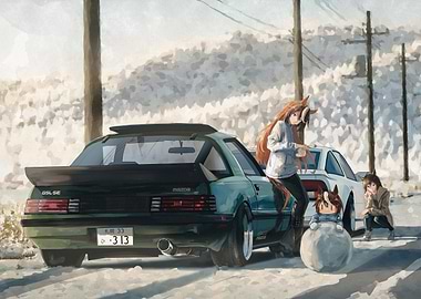 Anime Characters with Mazda RX-7 in Snow