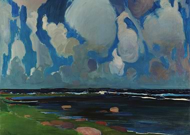 Seascape Painting with Clouds and Shore