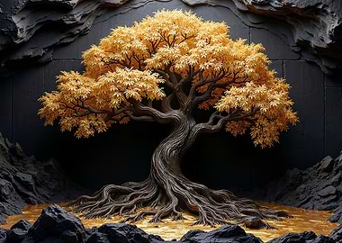 Golden Tree Sculpture with Dark Background
