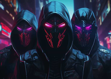 Cyberpunk Hooded Figures with Glowing Masks