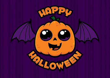 Happy Halloween Kawaii Pumpkin Bat Cartoon