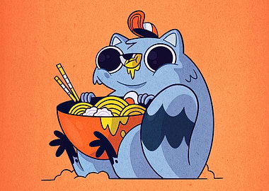 Cartoon Raccoon with Ramen Bowl