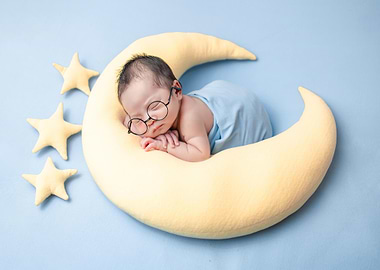 Baby sleeping on moon with glasses
