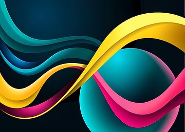 Fluorescent Ribbon Waves Crossing a Glossy Teal Sphere on a Dark Cyan Background