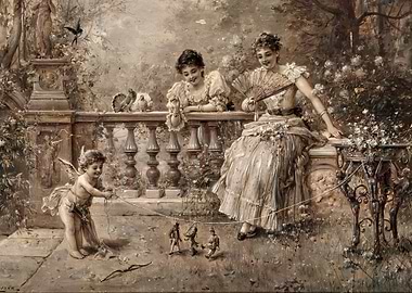 Elegant Ladies with Cupid in Garden