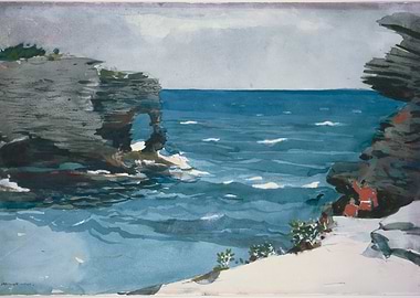 Watercolor Seascape with Rocky Cliffs