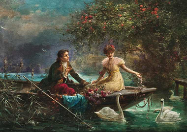 Romantic Boat Ride with Swans Painting