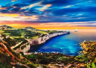 Malta Cliffs at Fomm ir-Rih with Sailboat at Sunset