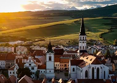 The city of Levoca at Sunset with the High Tatra in the backround