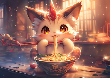 Cute Anime Cat Eating Ramen