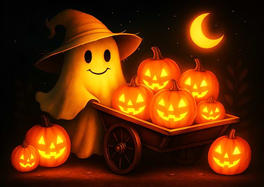 Halloween Ghost with Pumpkins and Moon