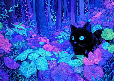 Black cat in a neon forest