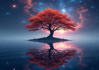 Red Tree Reflection on Water