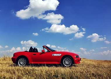 Red BMW Convertible Car in Field