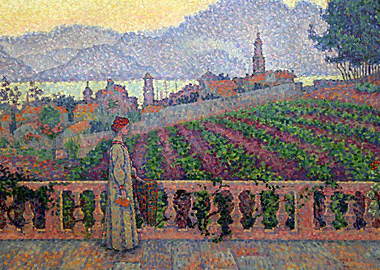 Woman on Balcony with Landscape Painting