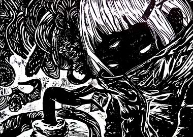 Girl Black and White Woodcut