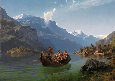 Boat on Lake with Mountain Backdrop