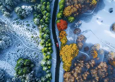 Aerial View Car on Autumn Road in Winter Snow Drone Photo
