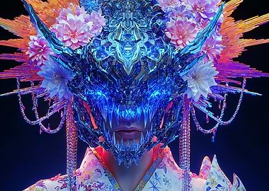 Cyberpunk Geisha with Floral Headdress