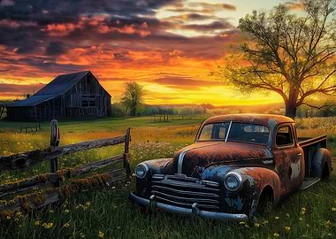 Rustic Truck at Sunset in Countryside with Barn - Landscape photo