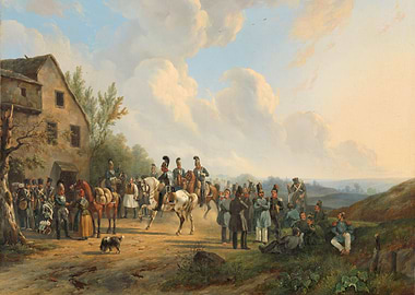 Military Scene Painting with Soldiers and Horses
