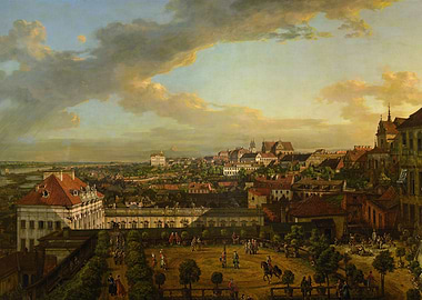 Warsaw cityscape painting with soldiers