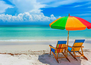 Beach chairs and umbrella on beach on Tropical Island