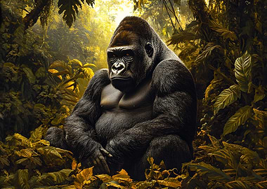Gorilla in Jungle At Sunrise - Wildlife Photo