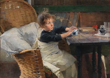 Child with Twig in Wicker Chair