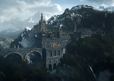 Fantasy Gothic Castle in Mountain Landscape