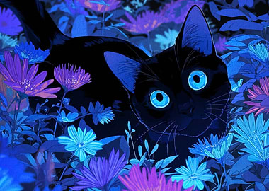 Black cat in a flower garden