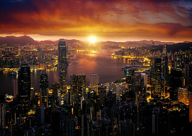 hong kong cityscape at sunset