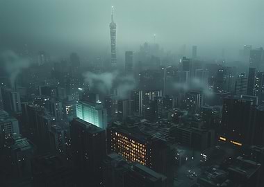 Dystopian Cityscape in Fog with Tower