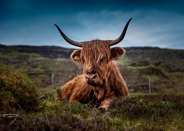 Highland Cow Portrait in Grassy Field