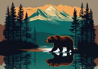 Bear in Mountain Lake Landscape
