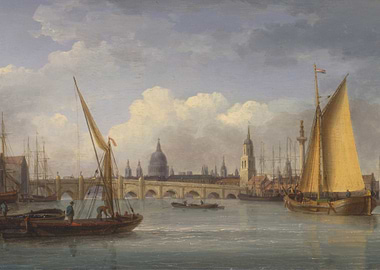 London cityscape with boats and bridge