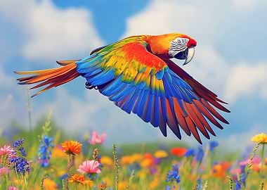 Scarlet Macaw in Flight over Flowers - Nature photo