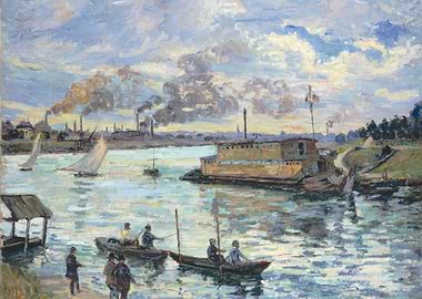 Impressionist River Scene with Industrial Backdrop