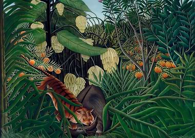 Tiger Attacking a Buffalo in Jungle,Henri Rousseau