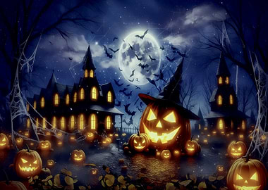 Halloween Night with Pumpkins and Haunted House