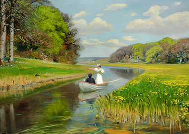 Couple boating on a river painting