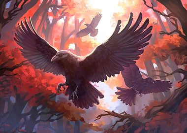 Ravens in Autumn Forest