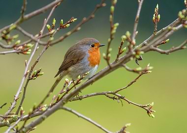 Robin perched on budding tree branch