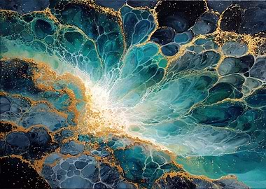 Abstract Teal and Gold Fluid Art