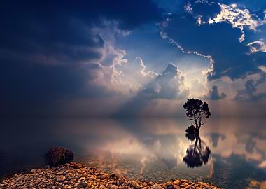 Lone Tree Reflection Under Cloudy Sky