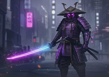 Cyberpunk Samurai in Neon Cityscape