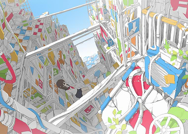 Anime Girl in Abstract Cityscape