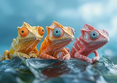 Three Colorful Chameleons on a Leaf